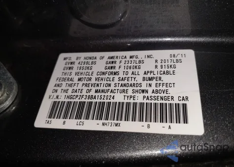 2011 Honda Accord 2.4 Lx z USA, uszkodzony, nr VIN 1HGCP2F39BA152024